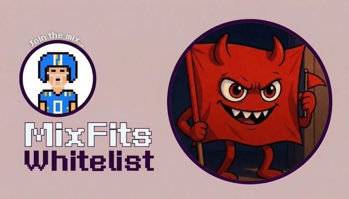 Promotional graphic for 'MixFits Whitelist' featuring a pixel-art character with a speech bubble saying 'Join the mfx...' alongside a red devil-like mascot holding a flag.