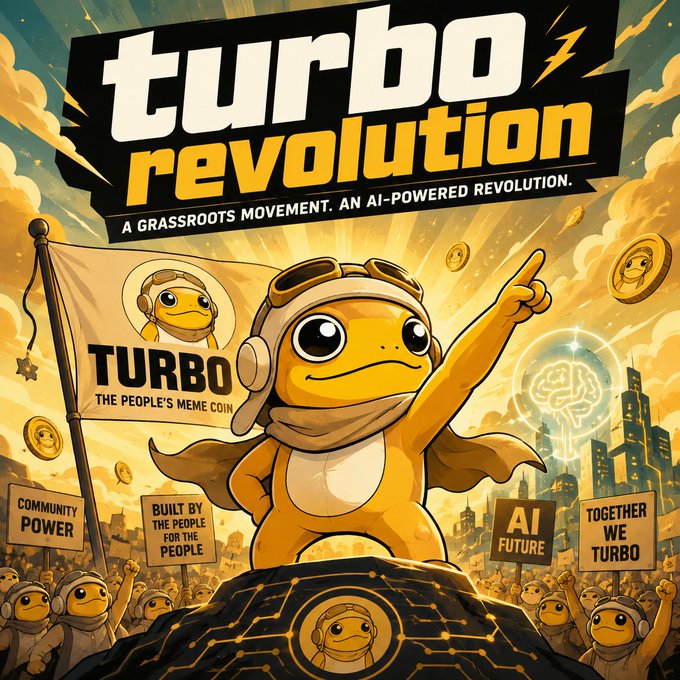 A promotional poster for 'turbo revolution' featuring a yellow gecko-like character in an aviator hat, declaring it a 'grassroots movement' and an 'AI-powered revolution' with slogans like 'AI FUTURE' and 'TOGETHER WE TURBO'.