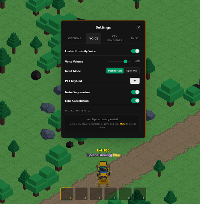A video game settings menu titled 'Settings' with 'VOICE' tab selected, showing options like 'Enable Proximity Voice', 'Voice Volume' at 88%, and 'Input Mode' set to 'Push to Talk', overlaid on an isometric voxel game world with a player named 'SolanaGaming' at Lvl 100.