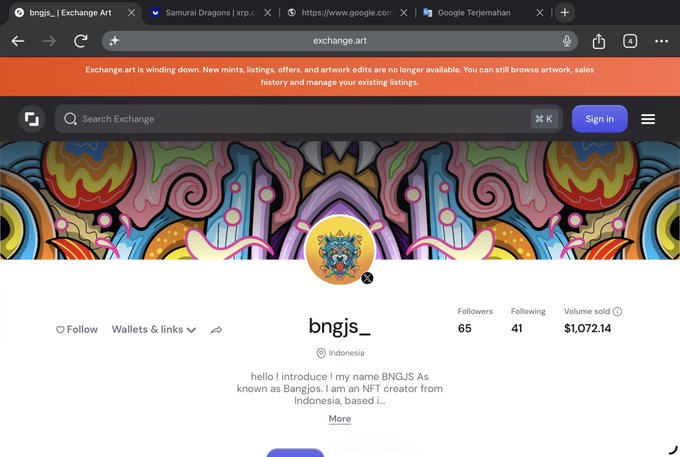 A screenshot of the Exchange Art NFT marketplace profile page for user 'bngjs_' from Indonesia, showing 65 followers, 41 following, and a volume sold of $1,072.14.