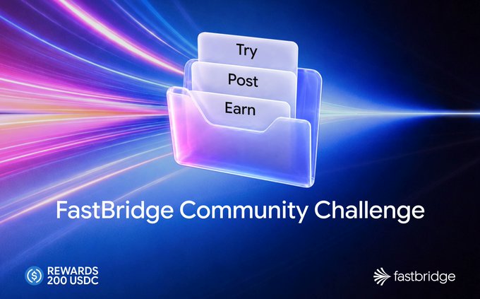 A promotional banner for the FastBridge Community Challenge featuring a glass-like folder icon displaying the steps "Try," "Post," and "Earn" against a vibrant blue and pink light streak background. The graphic advertises a reward pool of 200 USDC and includes the FastBridge logo, visually reinforcing the campaign's simple three-step participation process highlighted in the accompanying post.