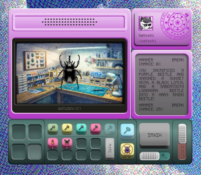 A retro-style digital interface displaying "Satoshi ~satoshi" and text about sacrificing beetles to create a "MARS RHINO BEETLE!" with "HAMMER CHANCE: 25%," above a "SMASH" button.