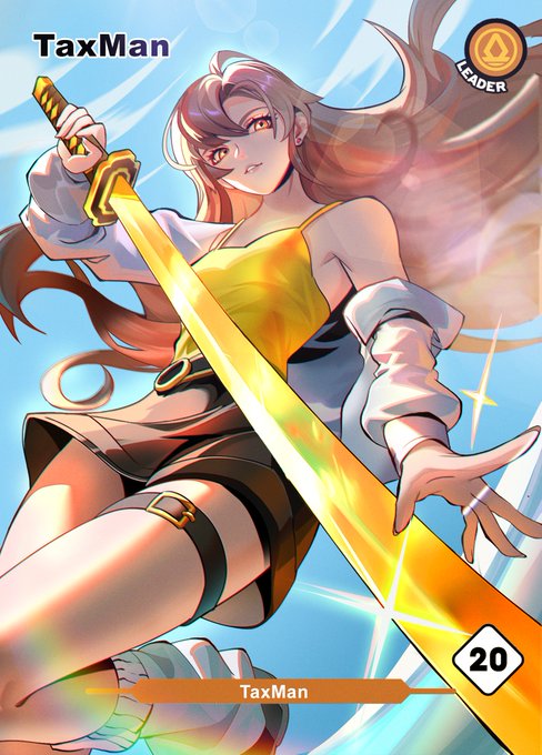 An anime-style character card labeled "TaxMan" with a Leader rarity designation, depicting a female warrior with a glowing golden sword in a yellow top and dark shorts.
