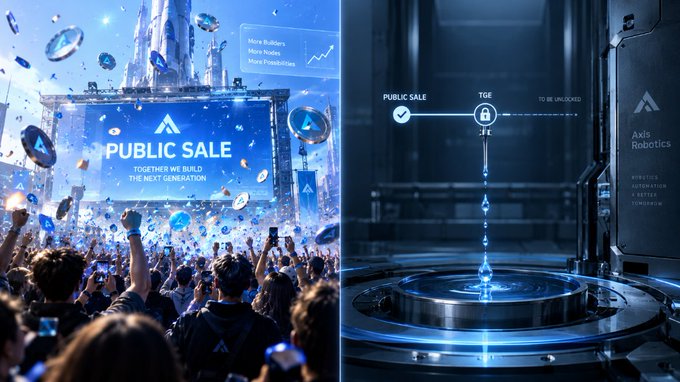 Split promotional image for 'PUBLIC SALE' and 'TGE' by 'Axis Robotics', showing a crowded concert-like event on the left and a futuristic technological chamber on the right.