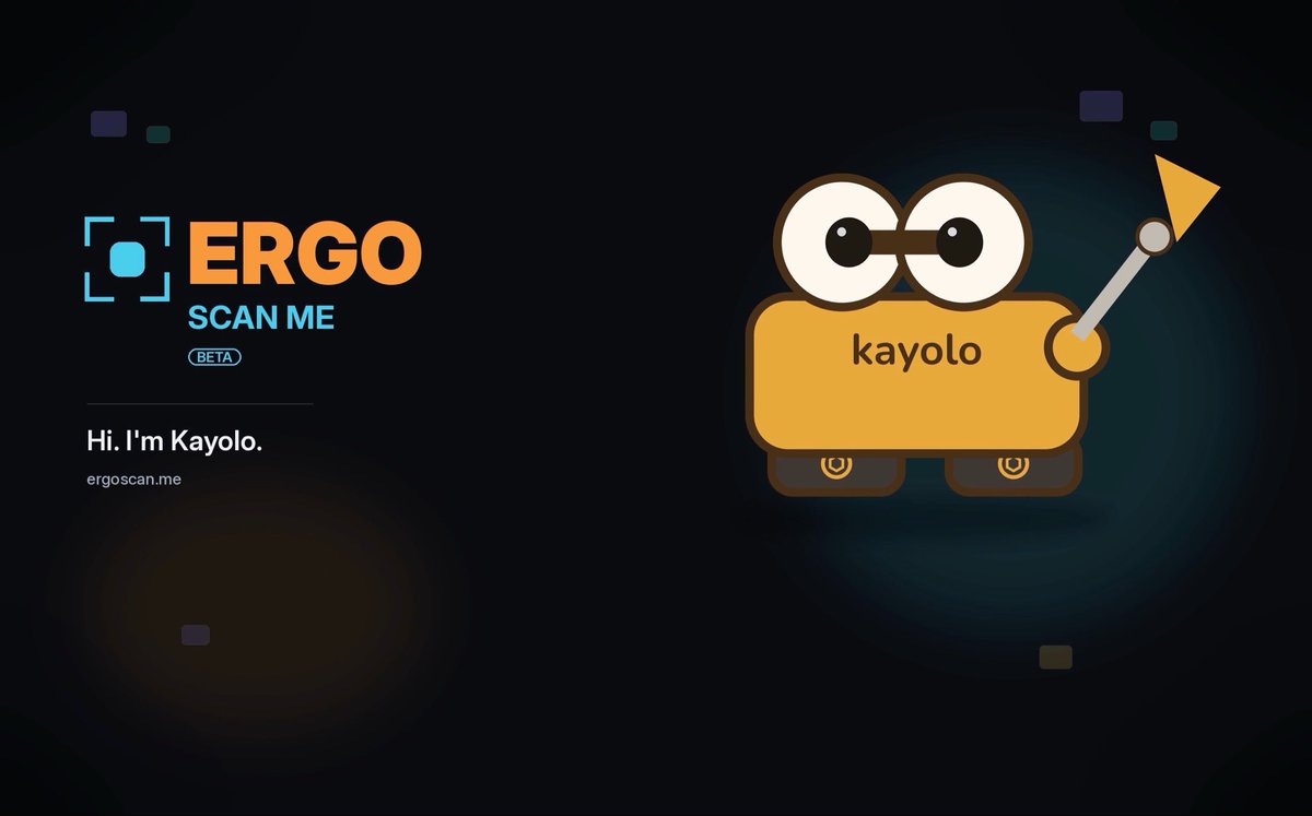 A welcome screen for 'ERGO SCAN ME' (Beta) at ergoscan.me, featuring a yellow cartoon robot named 'kayolo' with large round eyes and an antenna, alongside the greeting 'Hi. I'm Kayolo.'
