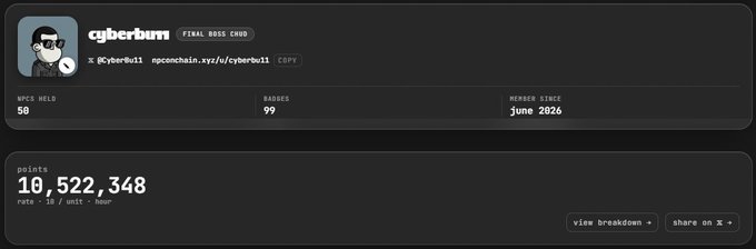 Profile card for 'cyberbun' labeled 'FINAL BOSS CHUD' on npcchain.xyz with X handle @CyberBull, showing 10,522,348 points, 50 NPCS HELD, 99 rank, and member since June 2026.