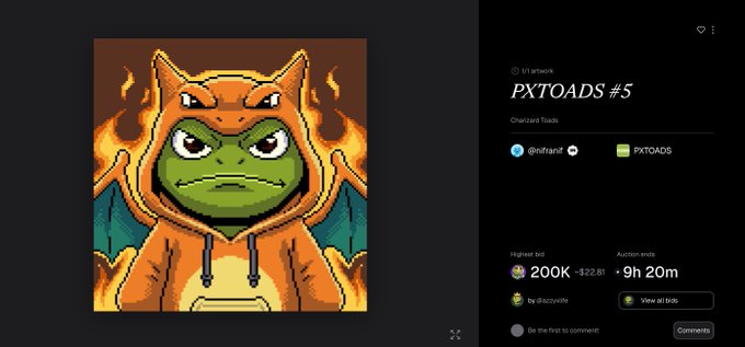 A screenshot of an NFT auction page titled 'PXTOADS #5' by @infanf, featuring a pixel-art character in a flaming orange hood with a frog-like face, with a highest bid of 200K and 9 hours 20 minutes remaining.
