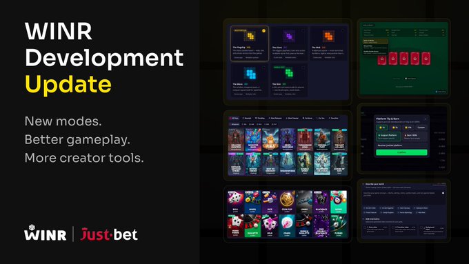 A promotional slide for WIINR Development Update, highlighting new modes, better gameplay, and more creator tools, with screenshots of the application's interface and the Just.bet logo.