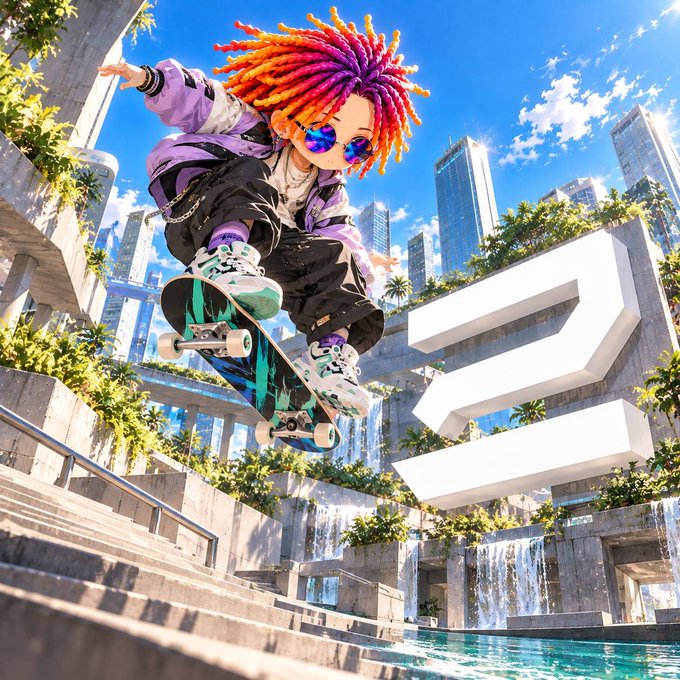 A stylized anime-style digital illustration of a person with vibrant orange and pink dreadlocks wearing sunglasses, performing a skateboard trick mid-air above stairs with a 'D' logo and futuristic city in the background.