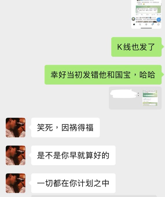 WeChat conversation in Chinese where one person mentions sending K-line charts and accidentally sending to '他和国宝' (him and Guo Bao), with the other responding jokingly that everything was planned in advance.