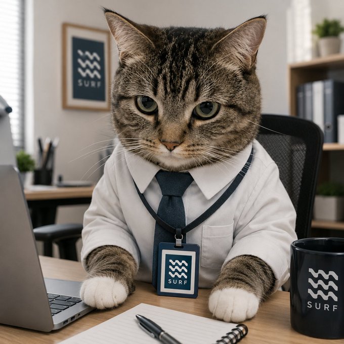 A tabby cat wearing a white dress shirt and navy tie sits at an office desk with a laptop, notebook, and branded 'SURF' mug, with a 'SURF' logo also visible on the wall.