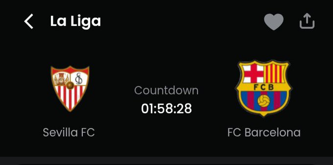 A La Liga match countdown screen between Sevilla FC and FC Barcelona showing a countdown timer of 01:58:28.