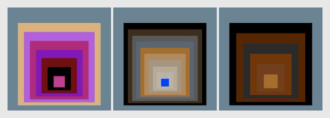 A triptych of abstract geometric art, with each panel showing a series of nested squares in varying color palettes, including purples, pinks, browns, blues, and beige tones.