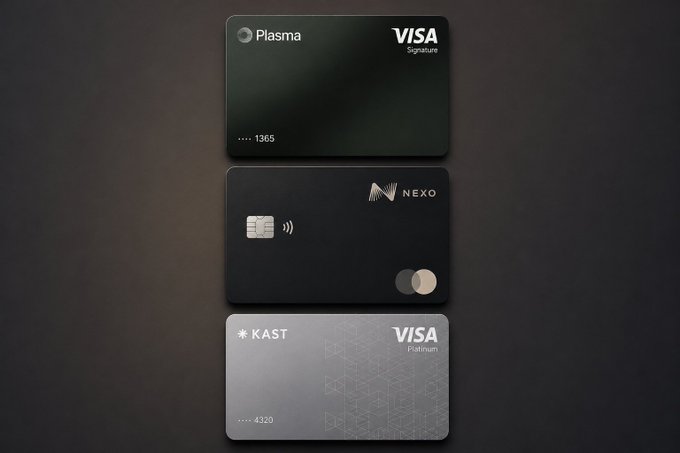 Three crypto-linked Visa credit cards displayed on a dark surface: Plasma Visa Signature, Nexo card with EMV chip, and KAST Visa Platinum.