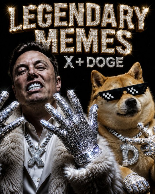 The image features a man wearing sunglasses and holding a dog with glasses on his arm. They are both dressed in shiny outfits that include necklaces and bracelets. The background of the image is black, which contrasts with their attire and makes them stand out. The caption below the image reads "XÐ - Legendary memes. Always building, never giving up." This phrase emphasizes the theme of the image, which seems to be related to the concept of persistence or determination in achieving goals.