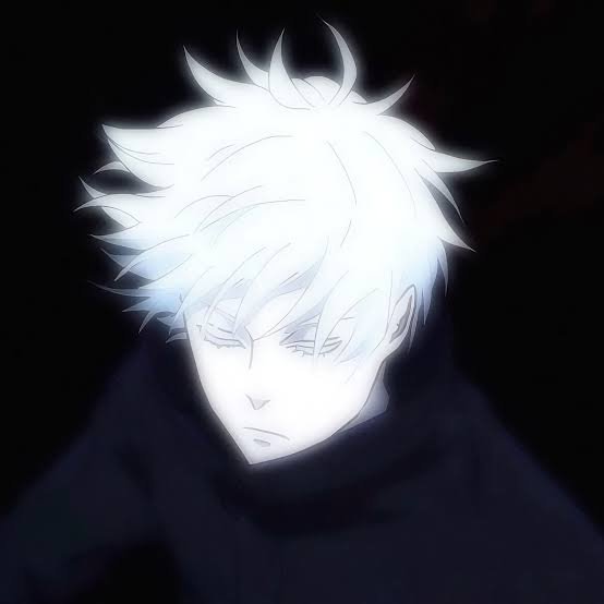 An anime-style illustration of a character with messy white hair and a glowing aura, wearing a dark hoodie against a black background.