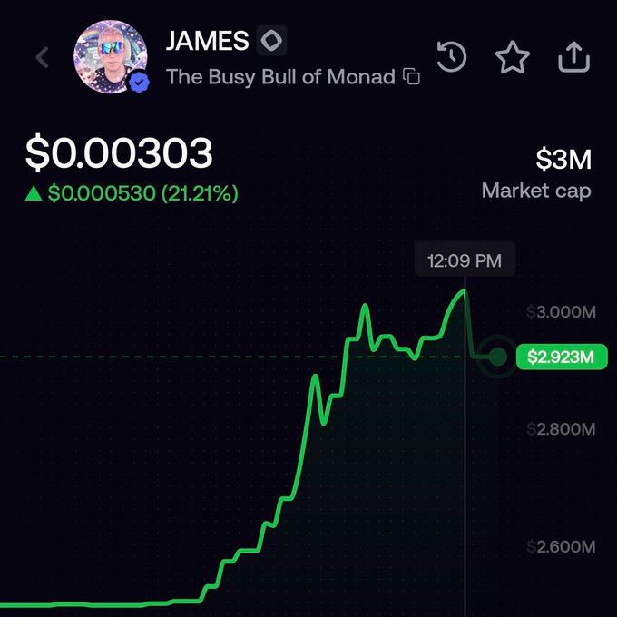 A crypto price chart for the token 'JAMES' (The Busy Bull of Monad) showing a price of $0.000303 with a 21.21% increase and a $3M market cap, with a green upward trending line graph.