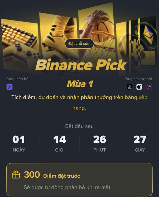A promotional graphic for 'Binance Pick' season 1 with Vietnamese text 'Đặt chỗ sớm' (Book early), showing a countdown of 01 days, 14 hours, 26 minutes, 27 seconds and 300 pre-booking points.