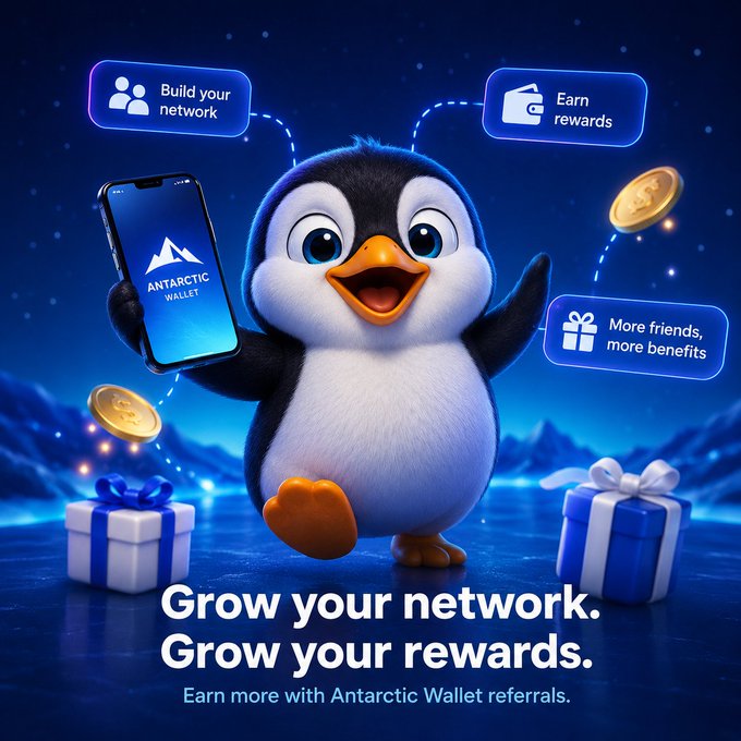 A promotional graphic featuring a cartoon penguin holding a smartphone displaying the 'Antarctic Wallet' app, surrounded by icons and gift boxes promoting referral rewards with the text 'Grow your network. Grow your rewards. Earn more with Antarctic Wallet referrals.'