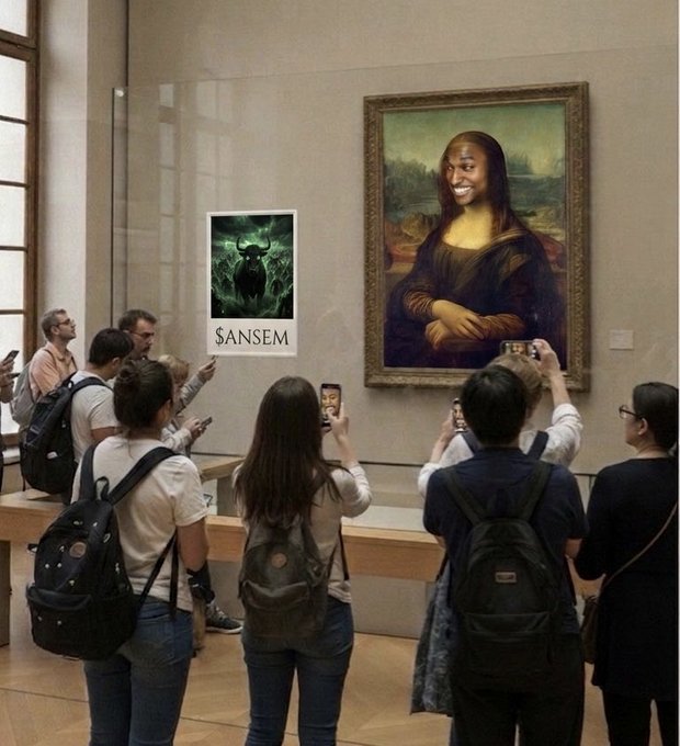 Meme image showing tourists photographing the Mona Lisa in a museum, but a Sansem (Elden Ring) poster has been hung next to the painting.