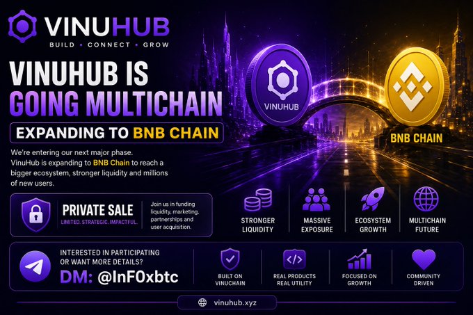 A promotional graphic announces that VinuHub is expanding multichain to BNB Chain, featuring purple and gold coin logos alongside key benefits like stronger liquidity, massive exposure, ecosystem growth, and a multichain future, with contact info directing interested supporters to DM @InFOxbtc for details on the limited strategic private sale.