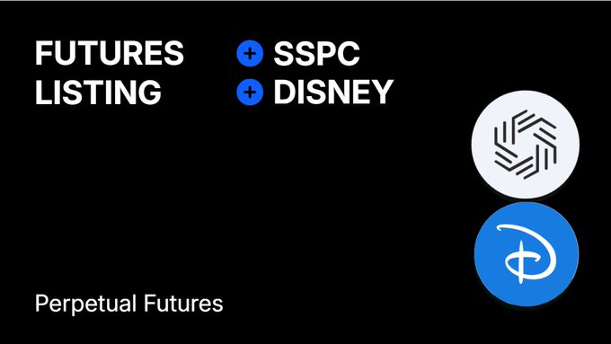 A digital announcement graphic with a black background reading 'FUTURES LISTING' alongside '+ SSPC' and '+ DISNEY', labeled 'Perpetual Futures' with two circular logos on the right side.