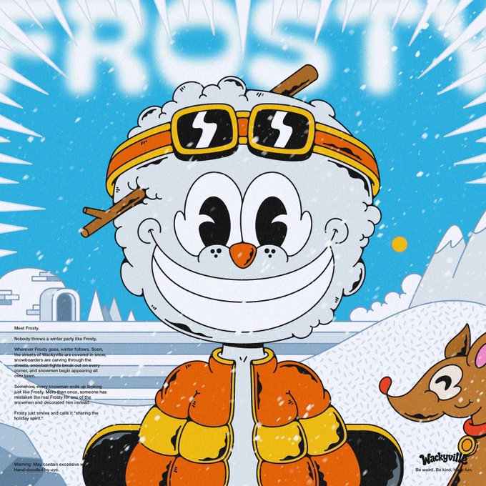 A comic-style illustration titled 'FROSTY' featuring a snowman character wearing orange ski goggles and a puffy jacket in a winter setting, with accompanying story text about a winter party gone wrong.