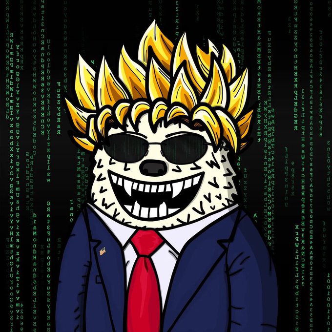 This digital illustration features a stylized, cartoonish animal character with spiky yellow hair and sunglasses, wearing a blue suit and red tie against a "Matrix-style" falling code background. The character's design is a parody of anime hair, visually linking the "$FUZZY" project to popular culture trends or "metas" in crypto trading.