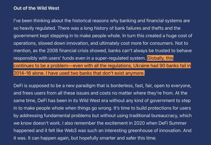 A text excerpt titled 'Out of the Wild West' discussing banking regulations and DeFi, with a highlighted passage noting that 'Ukraine had 90 banks fail in 2014-16 alone.'