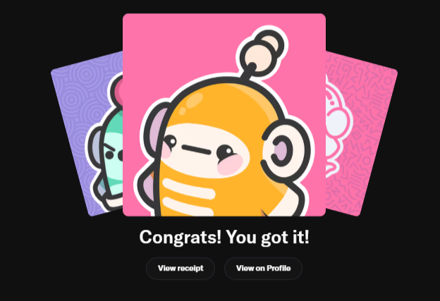 A digital card pack screen displaying 'Congrats! You got it!' with a pink card featuring an orange astronaut-like character, alongside 'View receipt' and 'View on Profile' buttons.