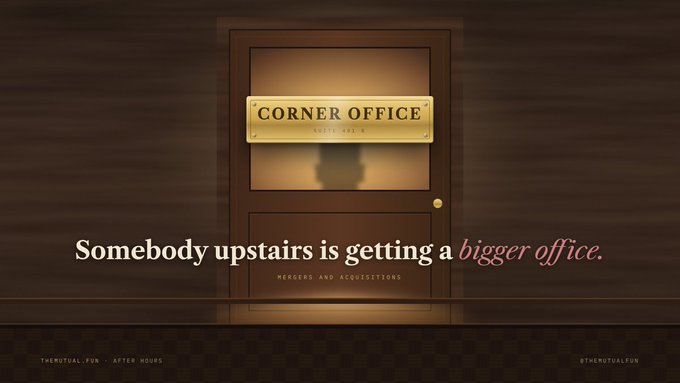 A promotional graphic featuring a closed door with a "CORNER OFFICE" nameplate, with the text "Somebody upstairs is getting a bigger office." and "MERGERS AND ACQUISITIONS" written on it.