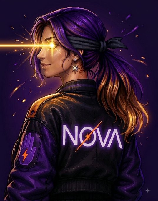 The image features a stylized illustration of a woman with purple hair looking over her shoulder, her eye emitting a bright laser-like glow, wearing a jacket with a "NOVA" logo and a hand symbol patch on the sleeve. The word "NOVA" is prominently displayed in glowing text on her back, tying into the post's reference to the "Conduit Market Space" event where "NOVA" likely represents the featured project or token.