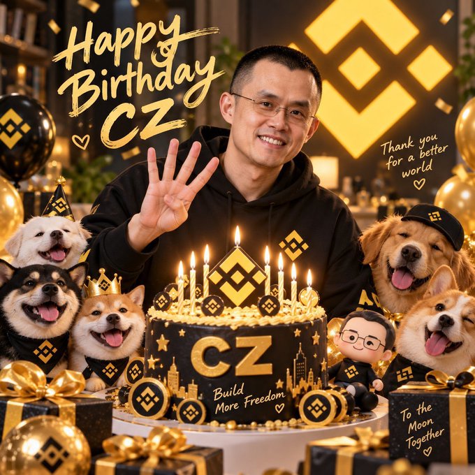 A birthday celebration graphic featuring a smiling man with glasses waving, surrounded by several dogs wearing black bandanas, a black and gold birthday cake with candles spelling 'CZ' and 'Build More Freedom', Binance logos, and text reading 'Happy Birthday CZ' and 'To the Moon Together'.