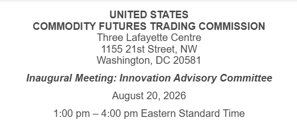 The image shows an announcement for the inaugural meeting of the CFTC's Innovation Advisory Committee on August 20, 2026, from 1:00–4:00 pm EST at the commission's Washington, DC headquarters. The post jokes about "Mike Selig" potentially saying "Hyperliquid" repeatedly throughout the three-hour meeting, humorously suggesting the committee could be dominated by discussion of the decentralized exchange.
