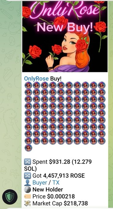 A mobile screenshot of a crypto trading notification for 'OnlyRose Buy!,' showing a spent amount of $931.28 (12,279 SOL) for 4,457,913 ROSE tokens at a price of $0.000218, with a market cap of $218,738.