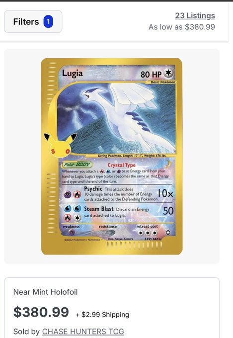 An eBay listing showing a Near Mint Holofoil Lugia Pokémon card priced at $380.99 + $2.99 Shipping, sold by CHASE HUNTERS TCG, with 'Poké-BODY Crystal Type' and attacks Psychic (10x) and Steam Blast (50).