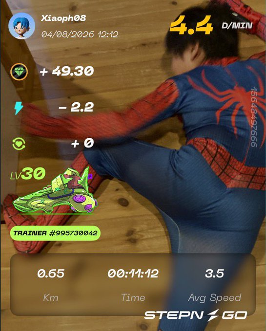 A STEPN GO fitness app screenshot showing user 'Xiaoph08' with a 4.4 D/MIN rate, +49.30 gems, -2.2 energy, Level 30 shoe, and stats of 0.65 Km, 00:11:12 Time, 3.5 Avg Speed.