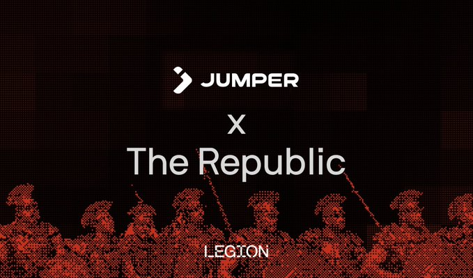 A promotional graphic with "JUMPER x The Republic" and "LEGION" text overlaid on a red-tinted image of Roman legion soldiers.