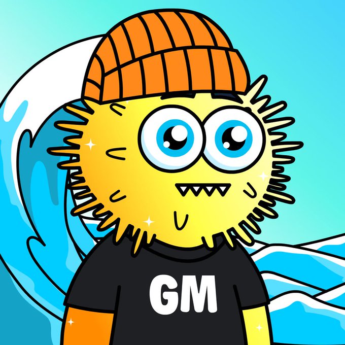 A cartoon character with a spiky yellow body, orange beanie, and a black t-shirt reading 'GM', set against a turquoise background with wave imagery.