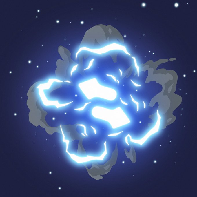 An animated-style illustration of a glowing blue energy burst or nebula with white electric-like flashes against a dark blue starry space background.