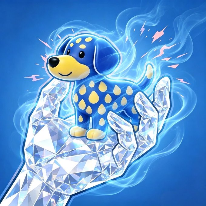 The image features a hand holding a small blue and yellow dog figurine, which appears to be made of diamonds or crystals. The hand is positioned over a blue background with white sparks flying around it, creating an ethereal atmosphere. The caption below the image reads "LISTA DOG, A perfect mechanic model gem! This will be a huge wealth opportunity!".