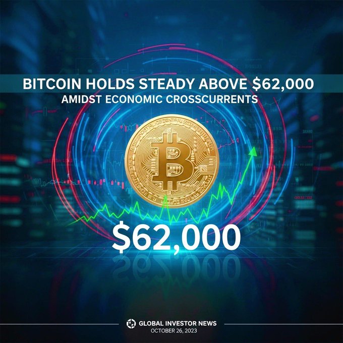 A Global Investor News graphic from October 26, 2023, with the headline 'BITCOIN HOLDS STEADY ABOVE $62,000 AMIDST ECONOMIC CROSSCURRENTS,' featuring a gold Bitcoin coin over a stock chart background.