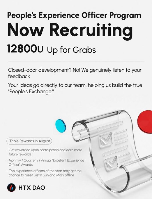 Recruitment announcement for HTX DAO's 'People's Experience Officer Program' offering '128000U Up for Grabs' with a 'Triple Rewards in August' callout.