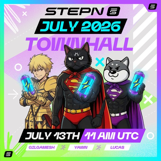 Vibrant promotional poster for 'STEPN GO JULY 2026 TOWNHALL' on July 13th at 11 AM UTC, featuring anime-style and mascot characters holding energy bottles.