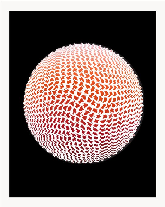 An abstract 3D rendering of a textured sphere with a red and white woven, knitted-like pattern set against a solid black background with a white border.