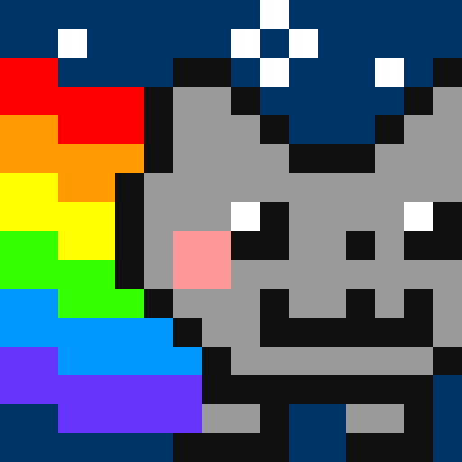 A pixel art rendition of Nyan Cat, featuring a gray feline head with a wide grin and a rainbow trail, set against a dark blue starry sky.