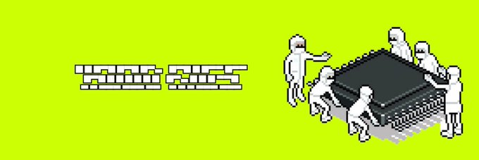 A pixel-art graphic on a yellow-green background reads 'WORK AHES' next to small figures pushing a large black microchip.