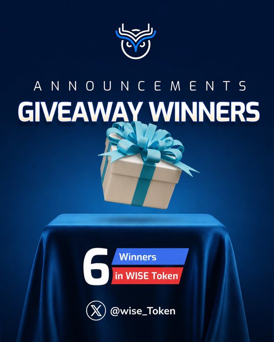 An announcement graphic for WISE Token (@wise_Token) on X declares "GIVEAWAY WINNERS" against a dark blue background, featuring a wrapped gift box and a "6 Winners in WISE Token" badge. This visually announces the six giveaway winners highlighted in the post: @inevitobanks, @WeirdW3Nerd, @INEKU11, @mimi24106, @_scobbar, and @barbywithay1.