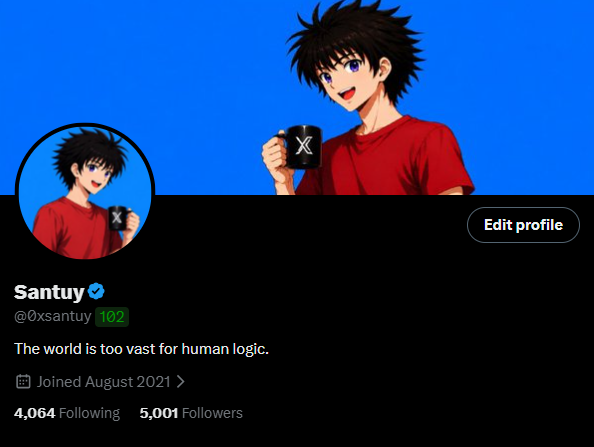 A Twitter/X profile page for "Santuy" (@xsantuy) featuring an anime-style character in a red shirt, displaying 5,001 followers, a green "102" badge, and an "Edit profile" button. The image visually celebrates the user's achievement of surpassing 5,000 followers and earning the Top 100 distinction mentioned in their milestone post.