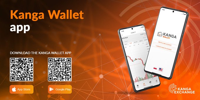 Promotional banner for the Kanga Wallet app, featuring QR codes for downloading on the App Store and Google Play, alongside the Kanga Exchange logo, encouraging new user sign-ups through a Retroactive campaign offering $3–$6 USDC rewards.